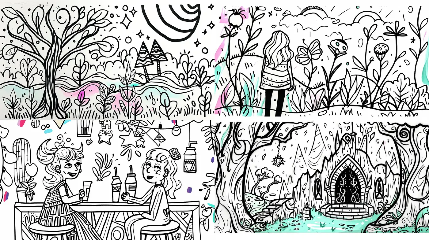 Whimsical Ink Illustrations with Pastel Accents and Dreamy Vibe - Midjourney sref style