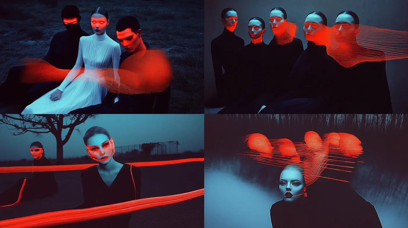 Eerie Nocturne: A Synthesis of Surreal Expressions and Futuristic Neon Noir - Midjourney sref style