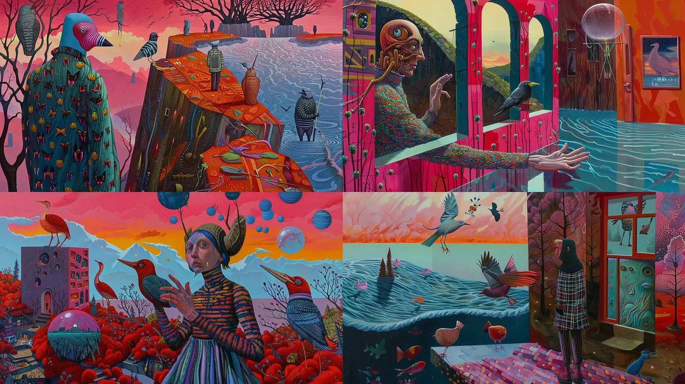 Surreal Dreamscape Fusion with Vivid Tones and Whimsical Patterns - Midjourney sref style