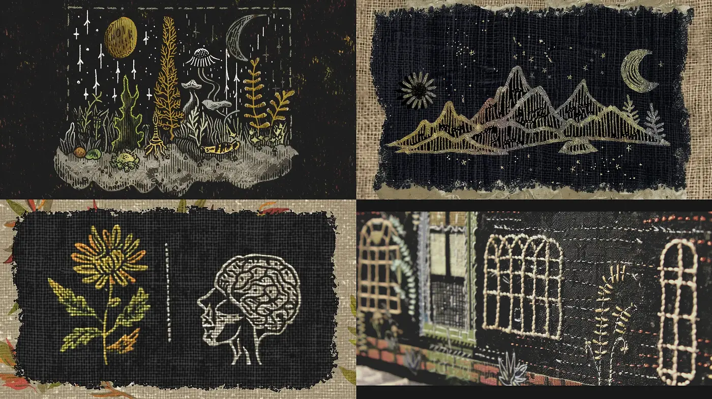 Stitched Tapestry of Nightscapes and Mindscapes: A Textured Journey Through Thread and Yarn - Midjourney sref style