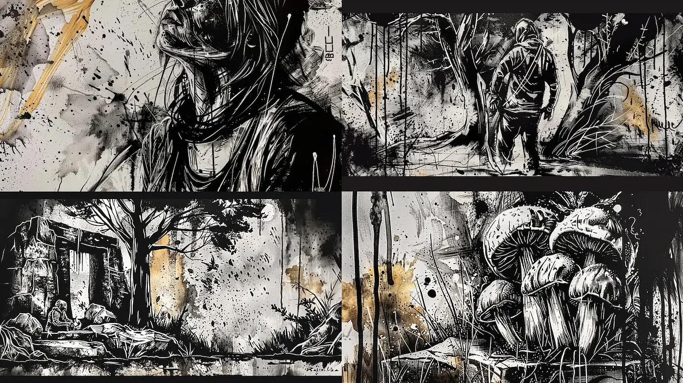 Dramatic monochrome illustrations with a touch of vintage influence - Midjourney sref style