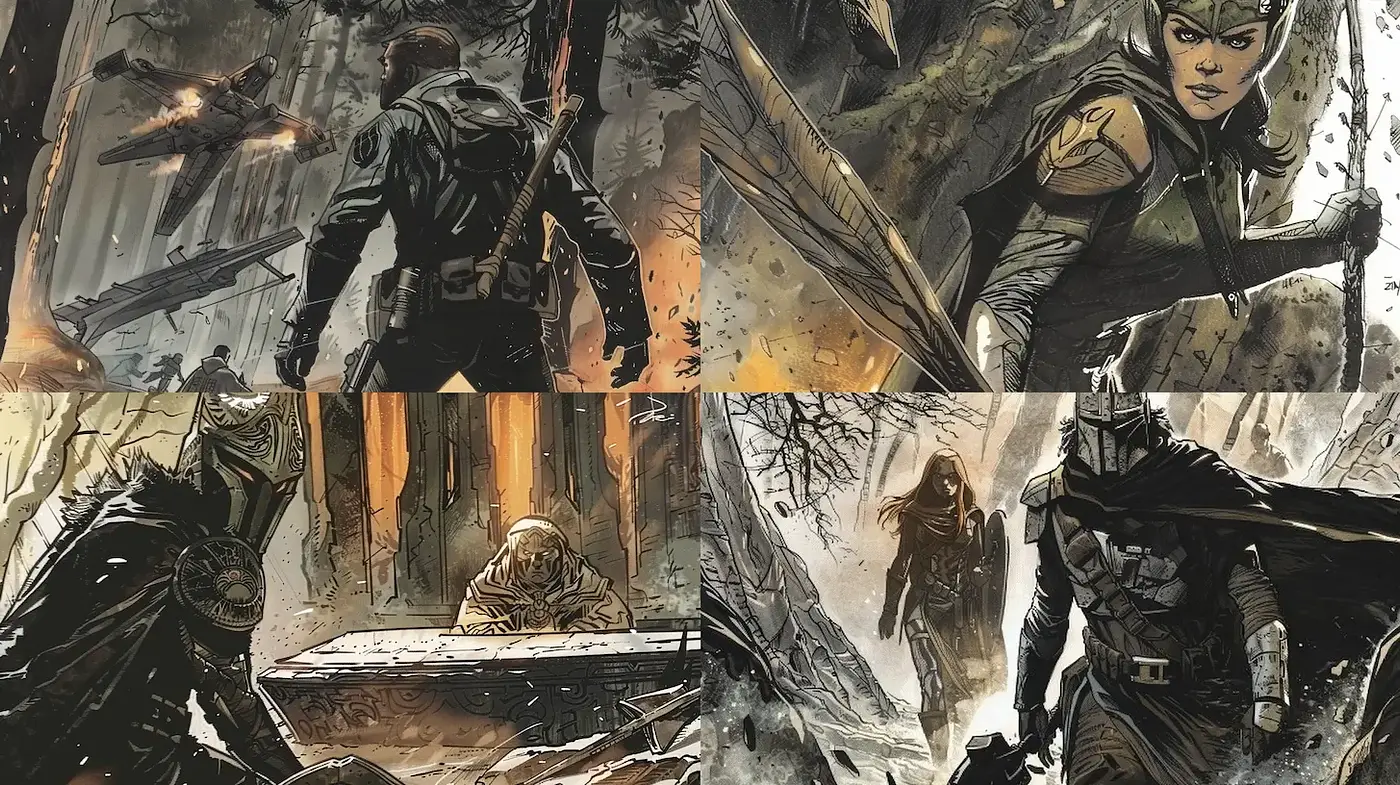 Dark Fantasy Comic Art with Dynamic Characters and Detailed Textures - Midjourney sref style
