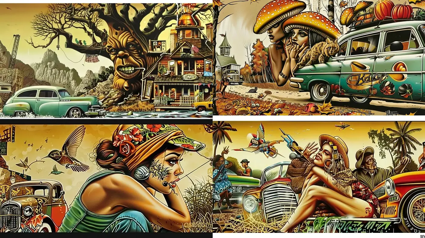 Retro Futuristic Americana with a Surrealist Influence - Midjourney sref style