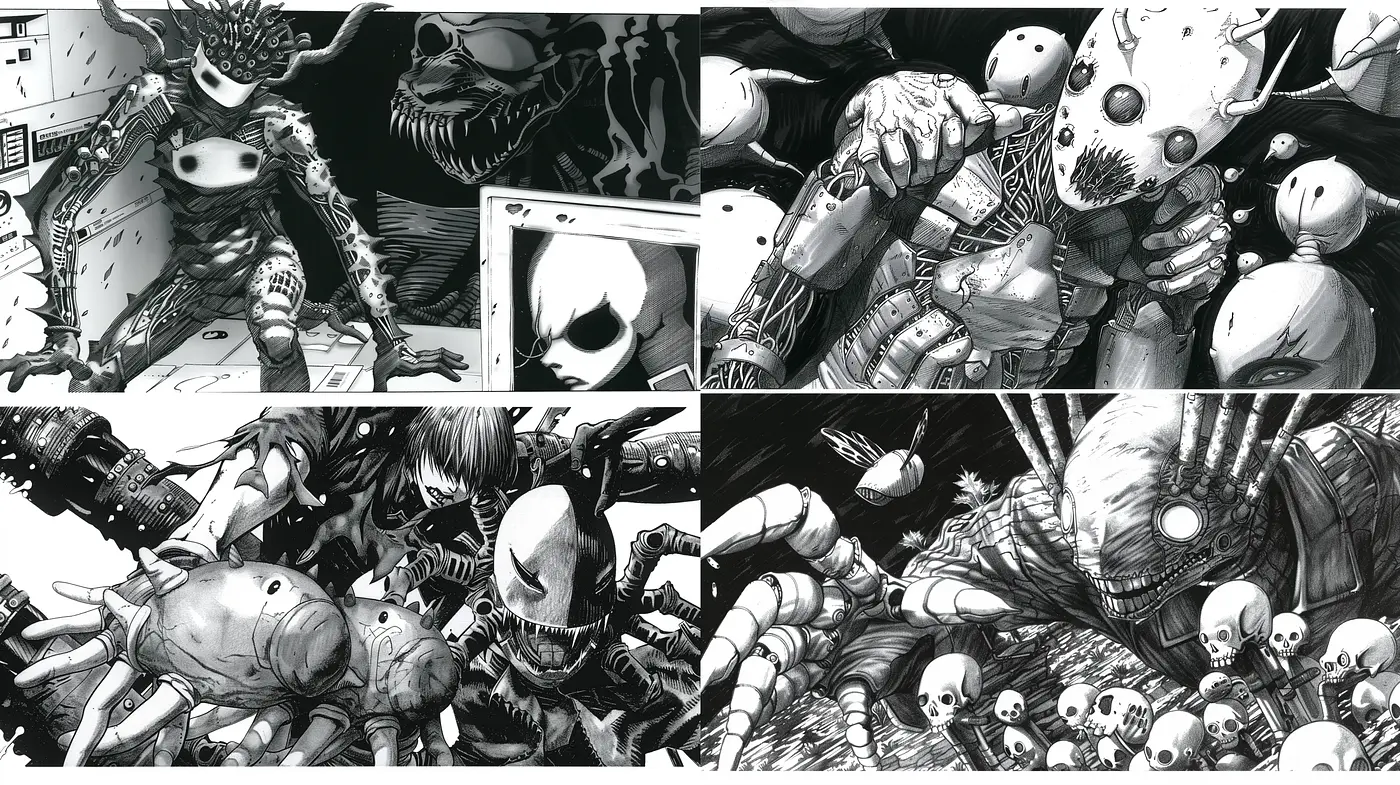 Monochromatic Menace: A Fusion of Hyper-Detailed Horror and Manga Artistic Expression - Midjourney sref style