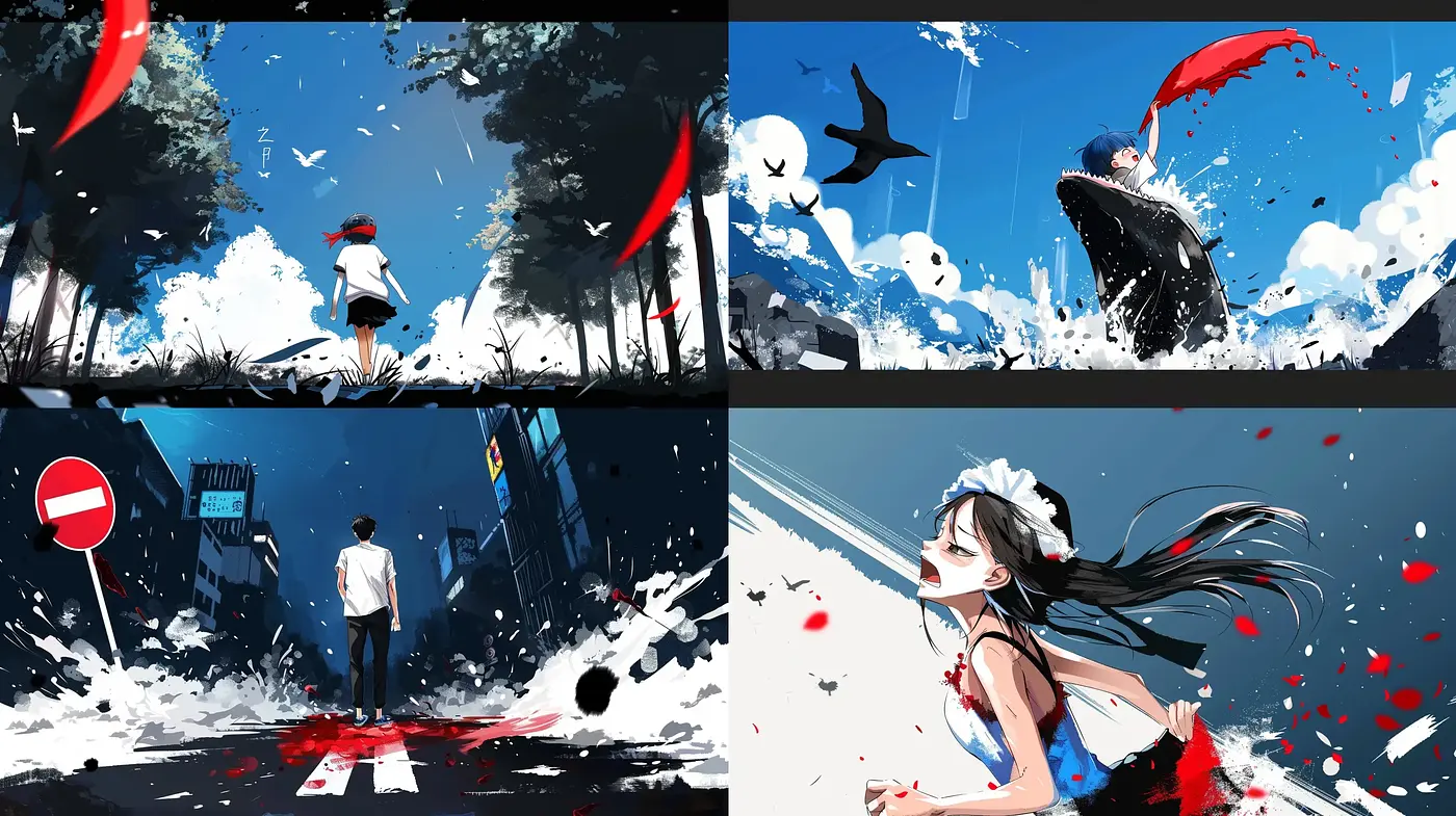Dynamic Brushwork and Vivid Contrasts in Modern Narrative Art - Midjourney sref style