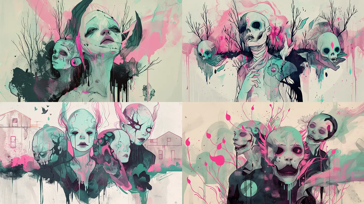Ethereal Macabre Watercolors: A Surreal Dance of Death and Delicacy - Midjourney sref style