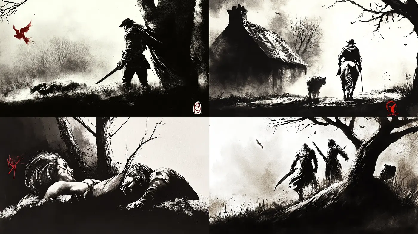 Monochromatic Elegy of Tenebrous Silhouettes - Midjourney sref style