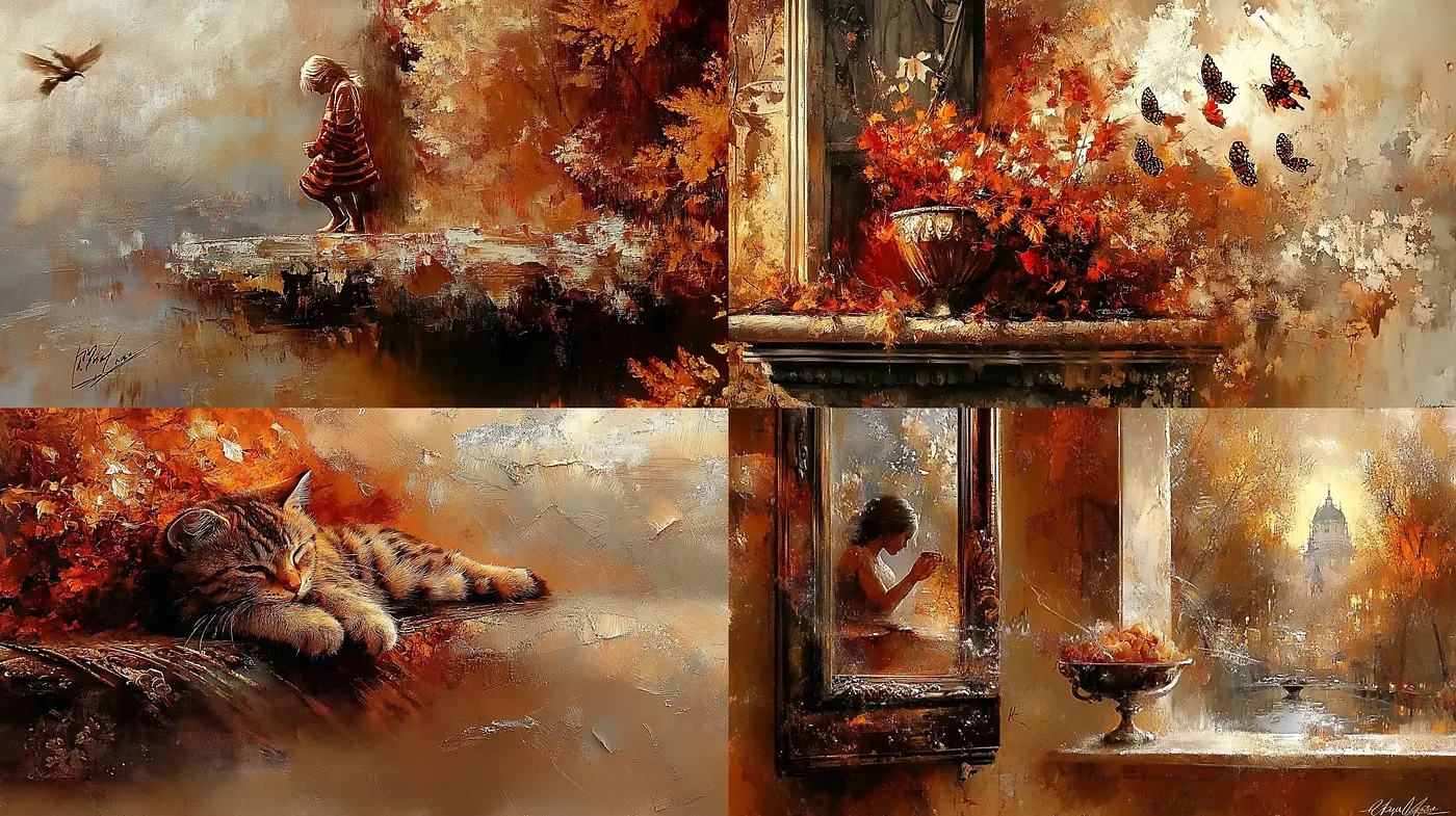 Autumnal Essence in Textured Impasto - Midjourney sref style