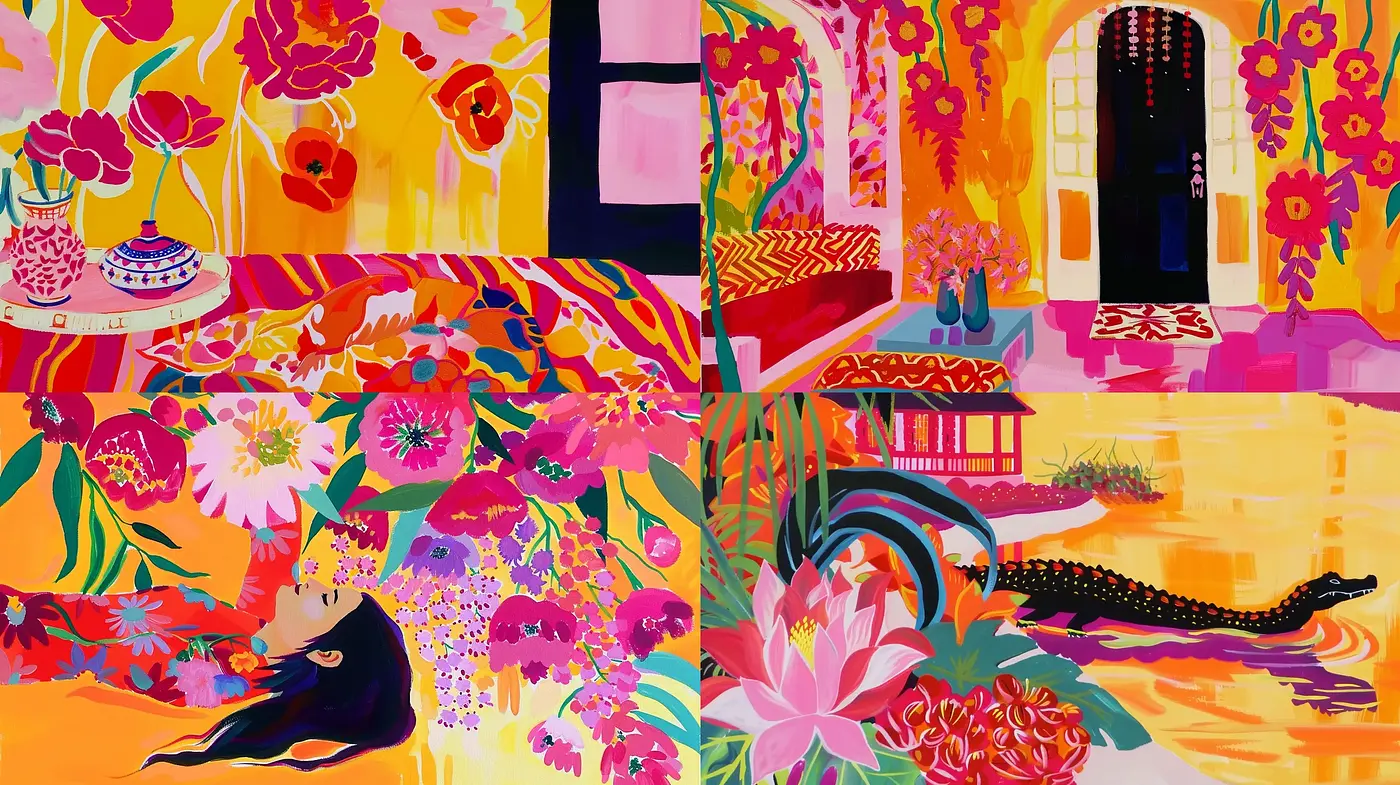 Vibrant Florid Tapestry - A Blossoming Spectacle of Vivid Hues and Bold Patterns - Midjourney sref style