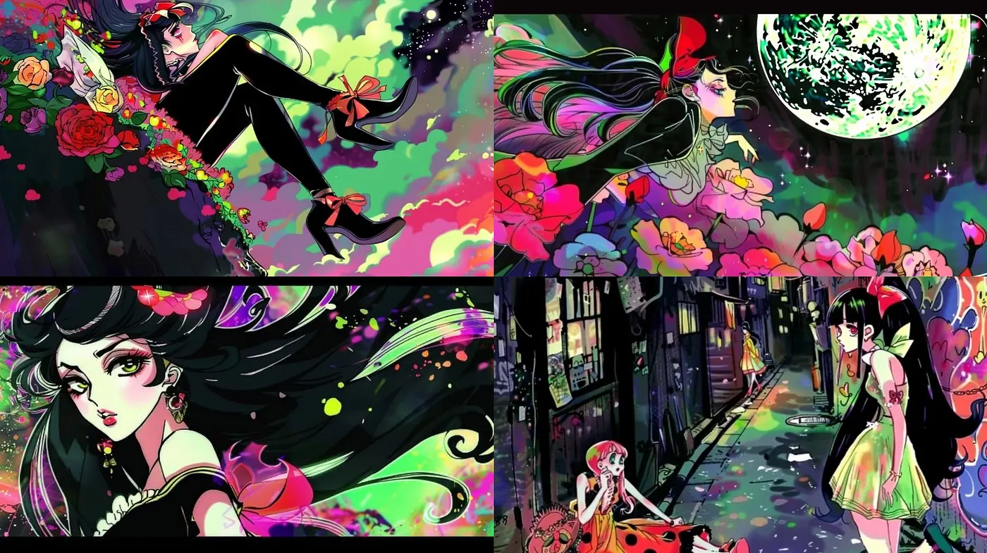Vivid Dreamscapes with Dynamic Anime Essence and Psychedelic Overtones - Midjourney sref style