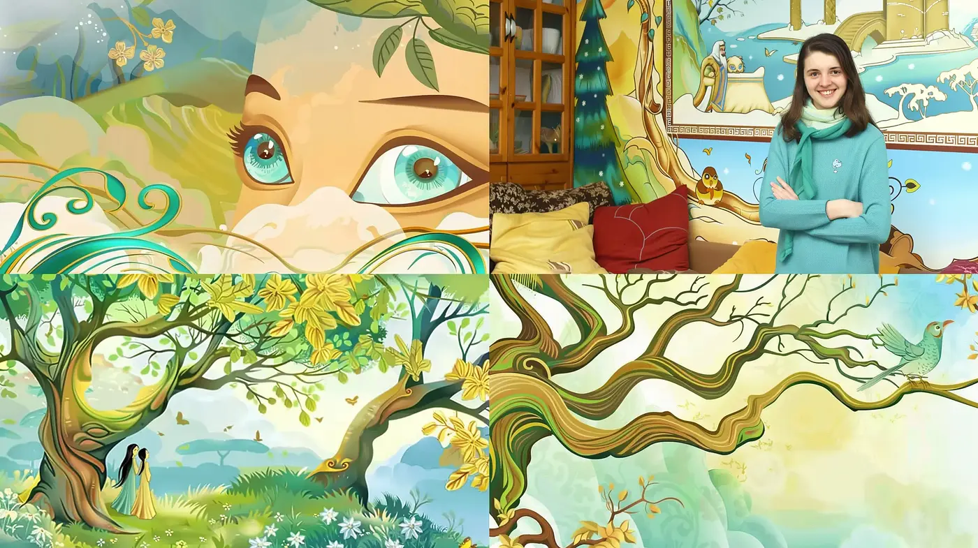 Whimsical Nature's Embrace in Vivid Storybook Illustration - Midjourney sref style