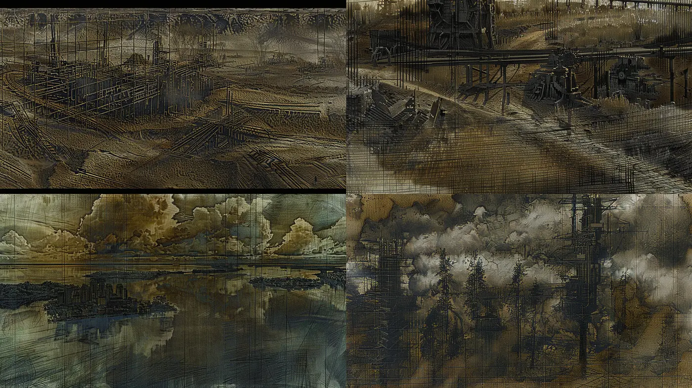 Ethereal Industrial Dreamscape: A Fusion of Sepia-Toned Surrealism and Mechanical Complexity - Midjourney sref style