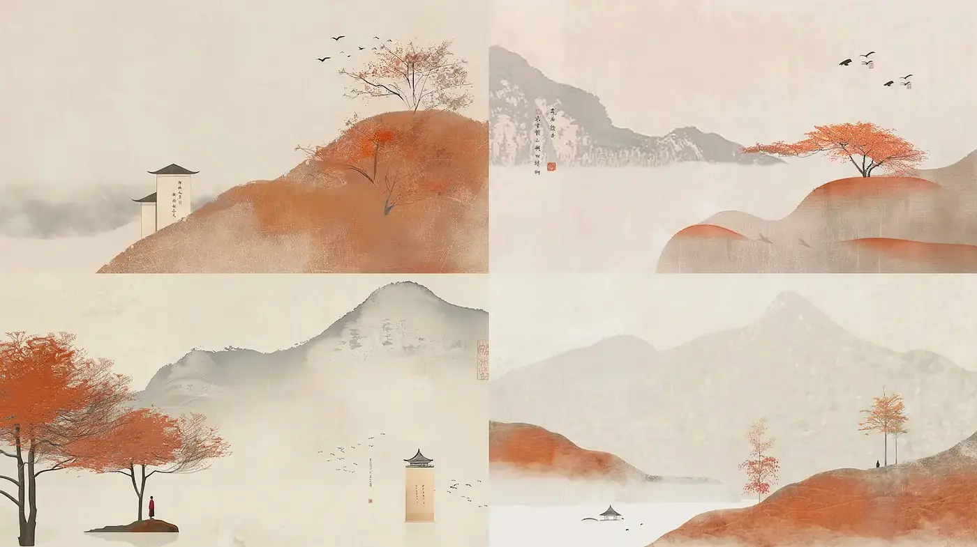 Serene Landscape Illustrations with Harmonious Autumn Tones - Midjourney sref style
