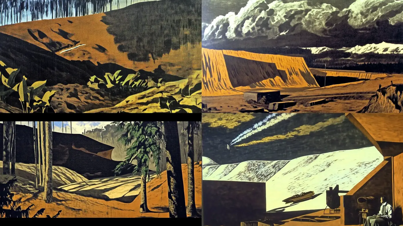 Sweeping Sepia-toned Landscapes with Expressionist Overtones - Midjourney sref style
