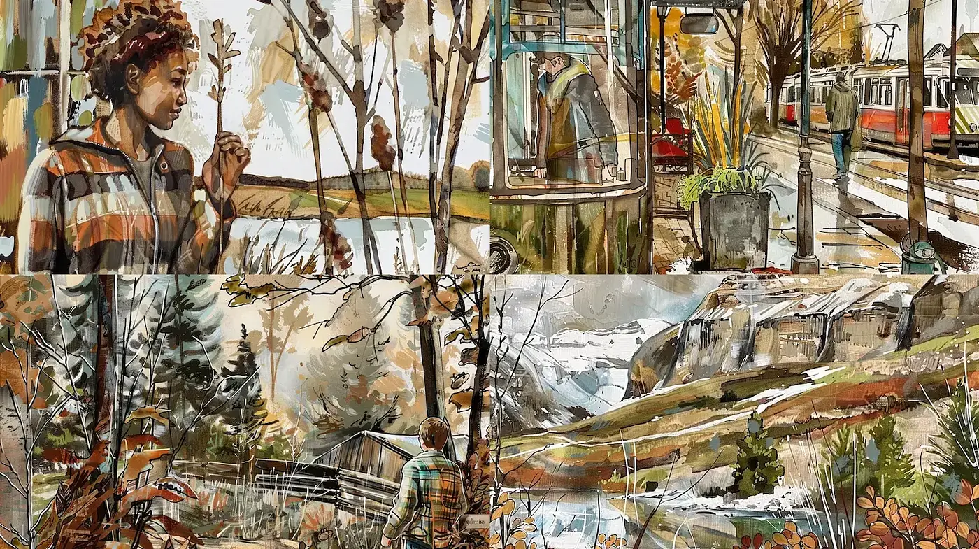 Artistic Exploration of Nature and Urban Life with a Nature-Inspired Touch - Midjourney sref style