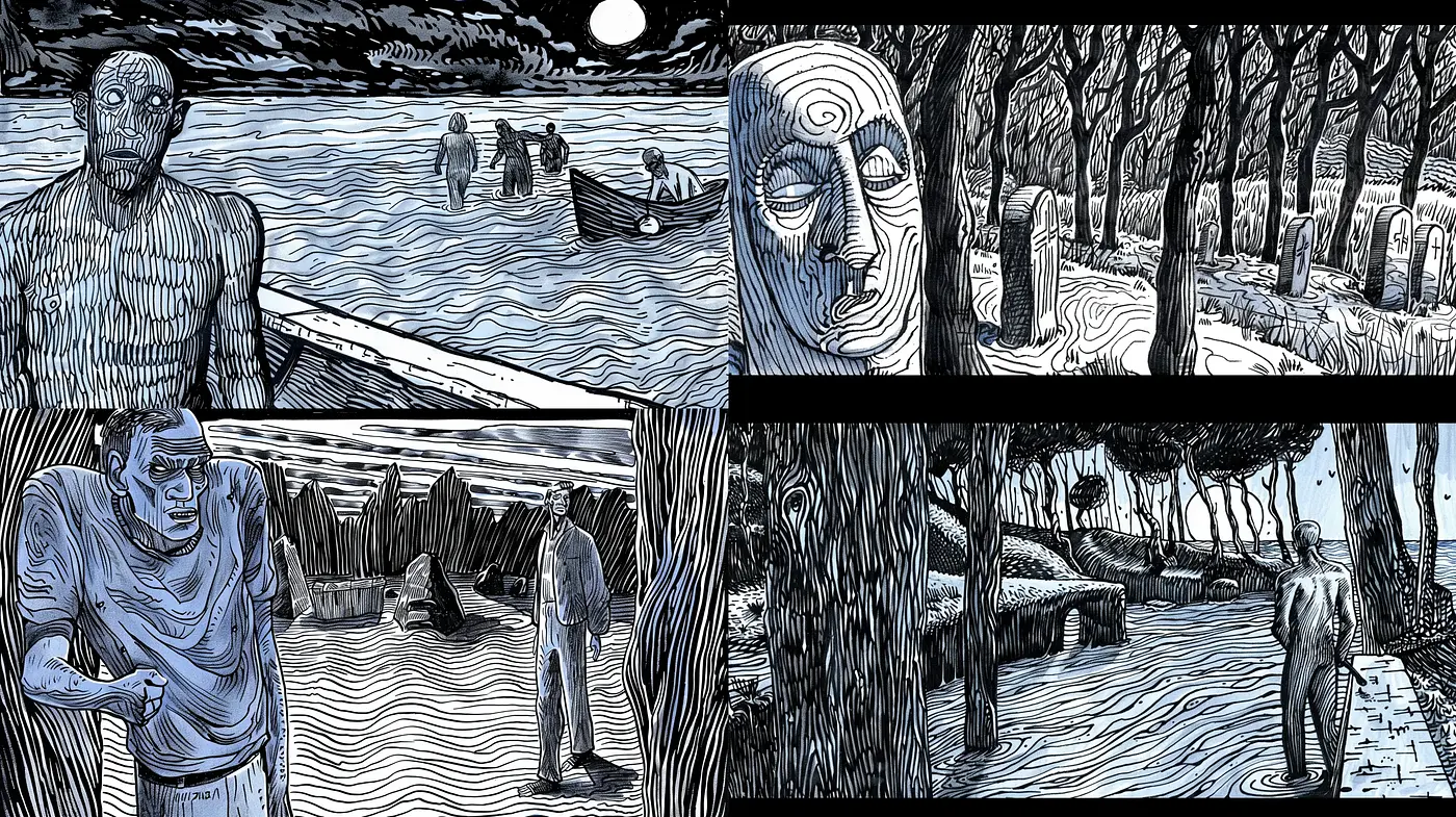 Nocturnal Serenity in Monochromatic Woodcut - Midjourney sref style