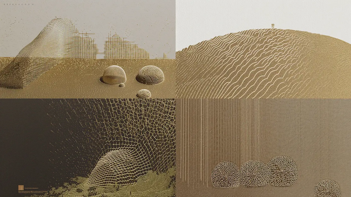 Geometric Rhythms in Sepia: A Study of Textured Patterns and Desert Landscapes - Midjourney sref style