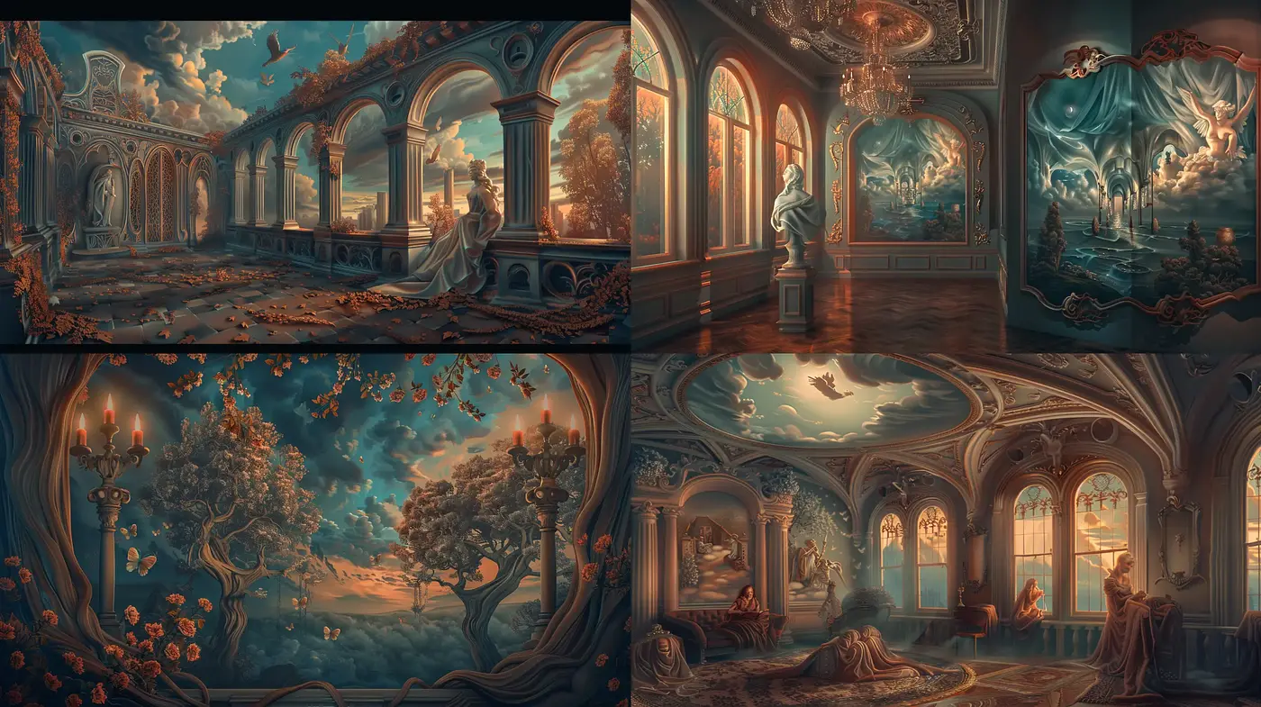 Ethereal Twilight Grandeur: Elusive Shades of Nostalgic Elegance - Midjourney sref style