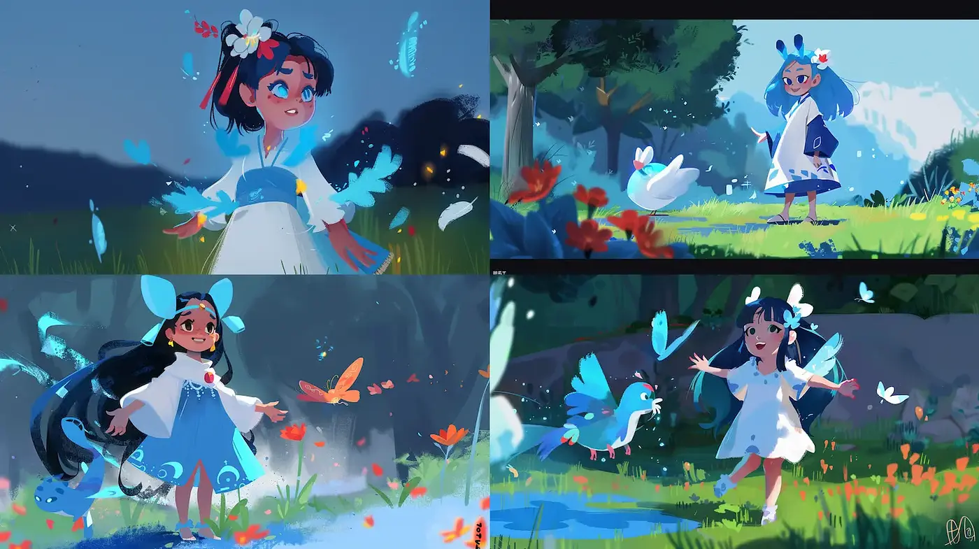 Whimsical and Vibrant Character Illustrations with Nature Elements - Midjourney sref style