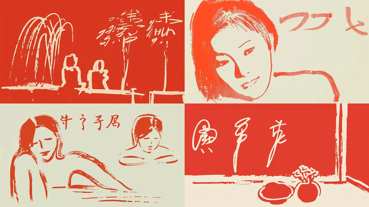 Crimson Brushwork and Simplified Forms: A Homage to Japanese Woodblock Prints - Midjourney sref style