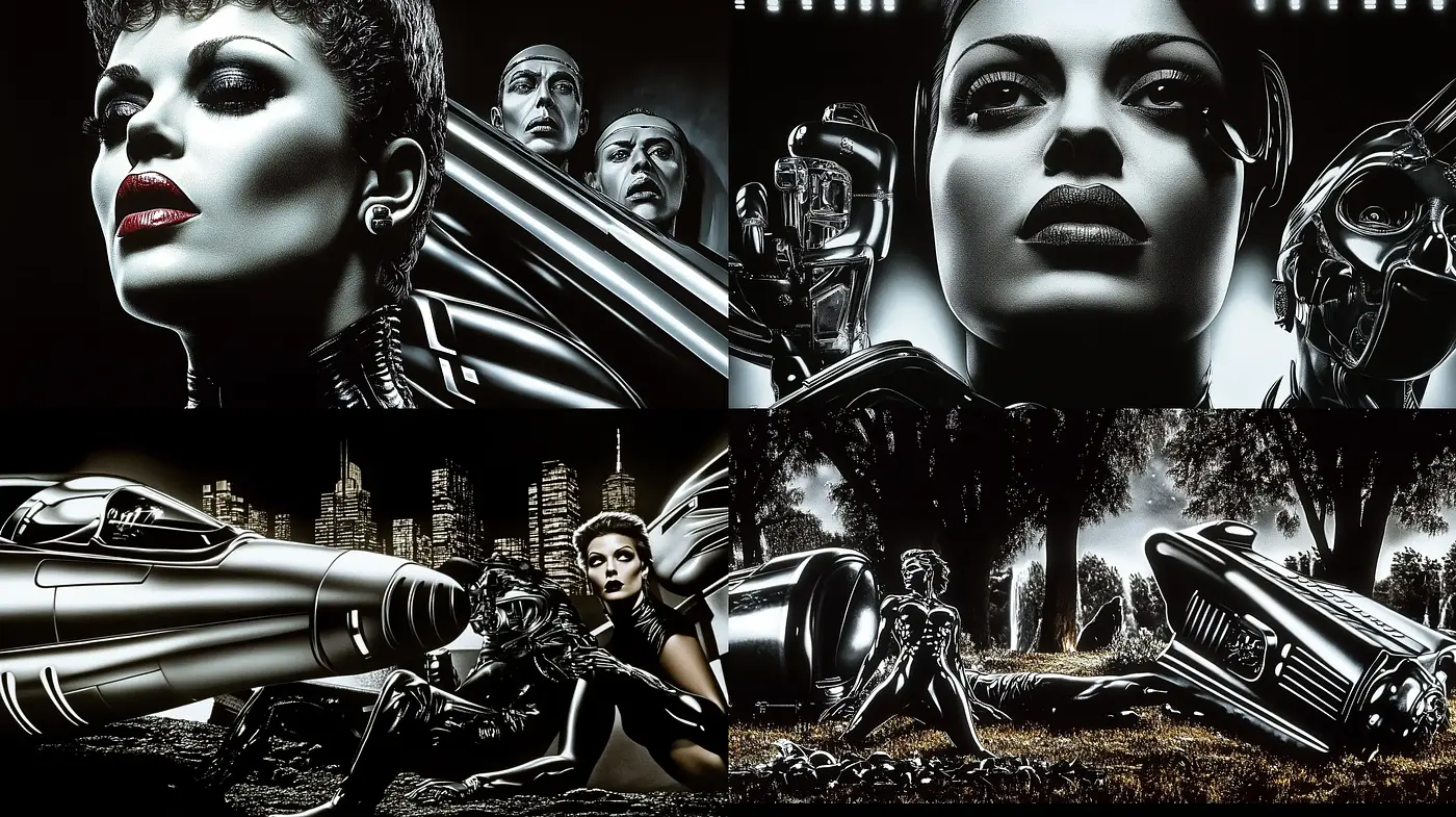 Noir Futurism: An Homage to Metallic Sheen and Dramatic Lighting - Midjourney sref style