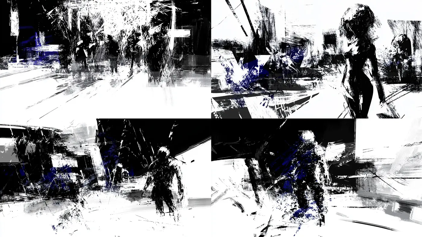 Abstract Expressionism with Monochromatic Chaos and Blue Accents - Midjourney sref style