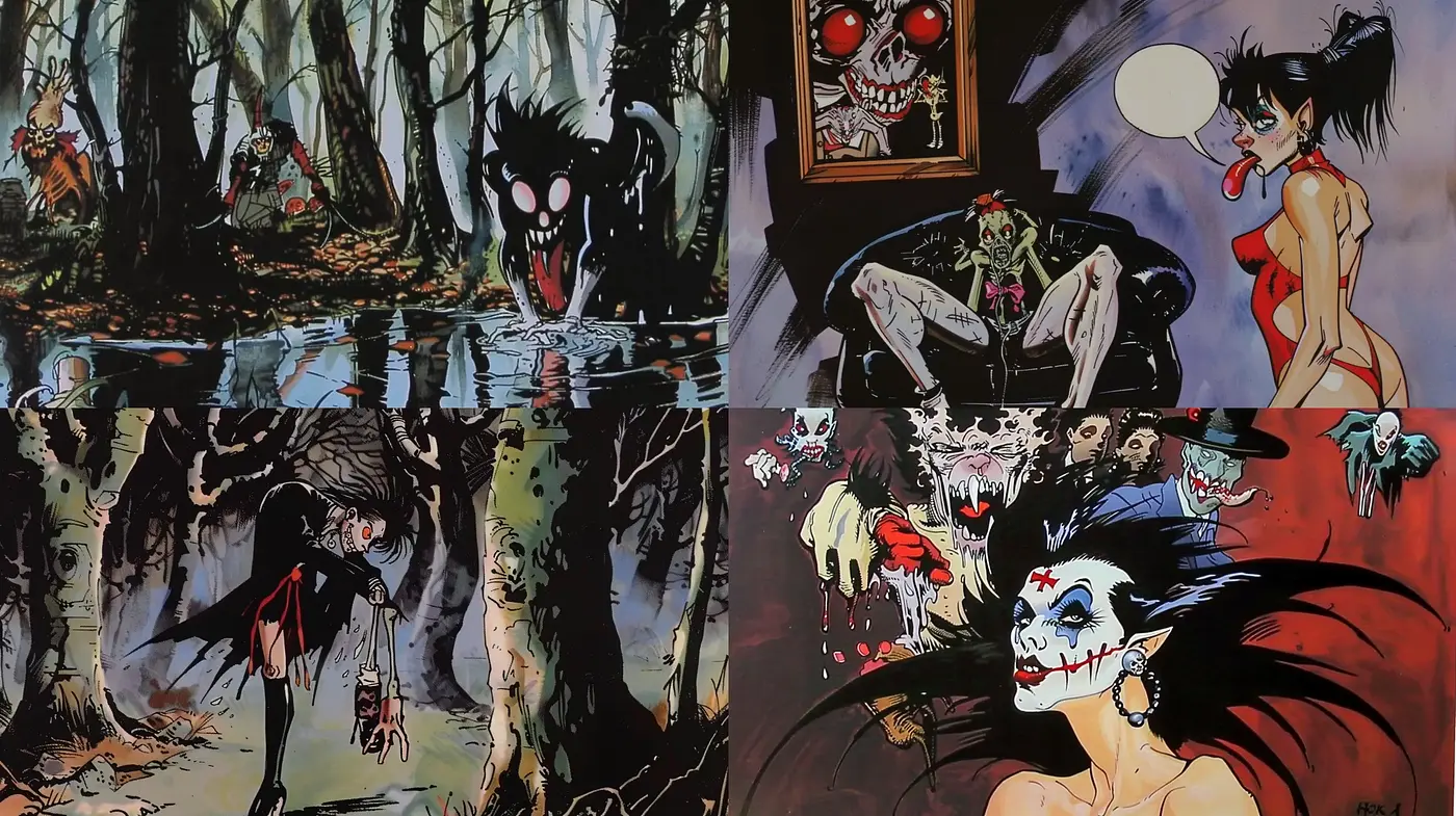 Gothic Whimsy: A Macabre Cartoon Fusion with Haunting Overtones - Midjourney sref style