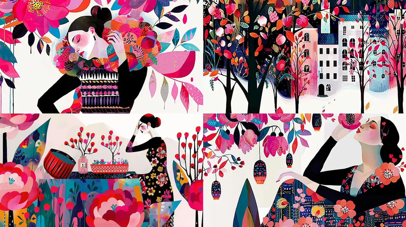 Vibrant and Playful Botanical Illustrations with Cultural Influence - Midjourney sref style