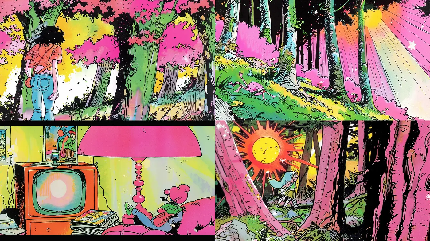 Radiant Psychedelic Forest: A Homage to Vintage Comic Book Artistry - Midjourney sref style