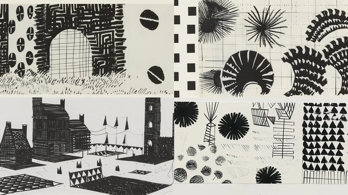 Monochrome Geometric Harmony: Consistent Exploration of Shapes and Textures in Black and White - Midjourney sref style