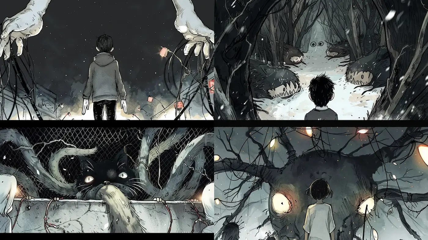 Eerie and atmospheric illustrations with surreal elements - Midjourney sref style