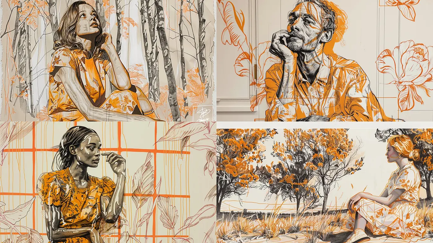 Amber Hues and Contemplative Lines: A Study in Orange and Black Illustrative Nostalgia - Midjourney sref style