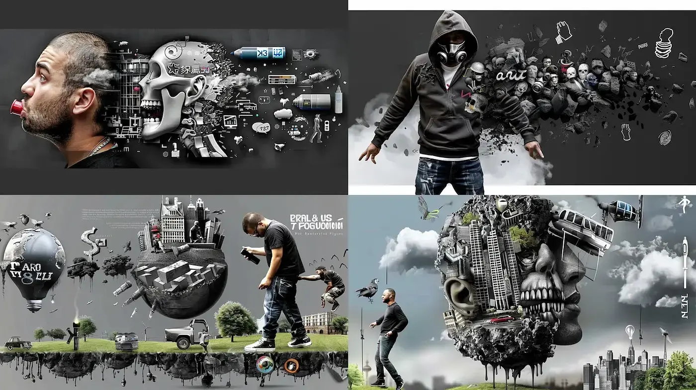 Futuristic urban surrealism with a blend of digital collage techniques - Midjourney sref style