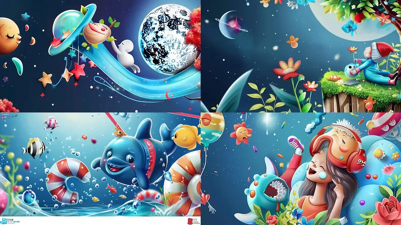 Colorful Whimsical Adventure with Playful Cartoon Characters and Dynamic Textures - Midjourney sref style