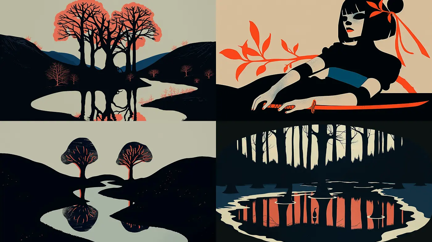 Stylized Nature and Figures in Silhouette Contrast - Midjourney sref style