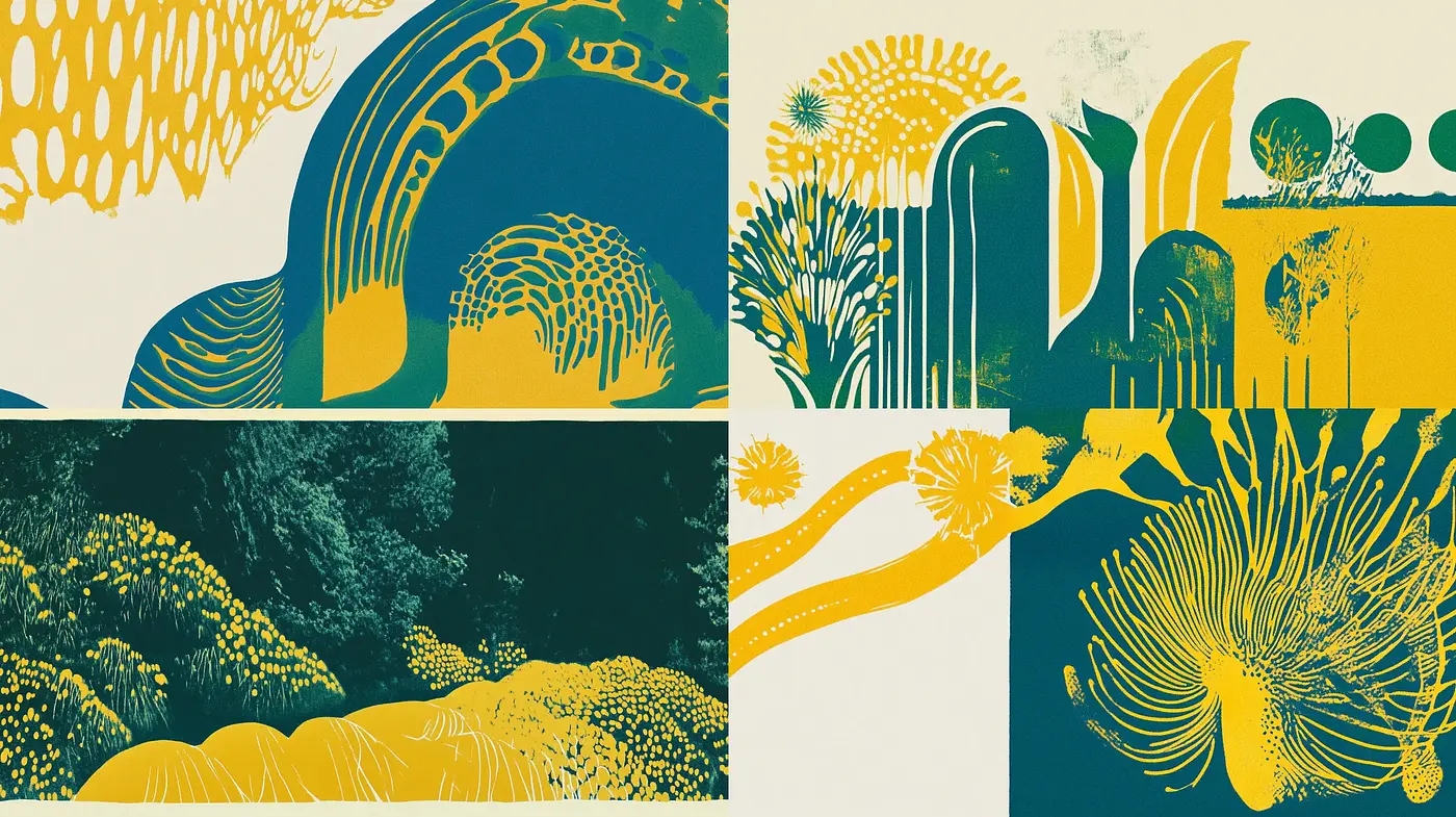 Golden Botanical Silhouettes over Dual-Tone Contrast - Midjourney sref style