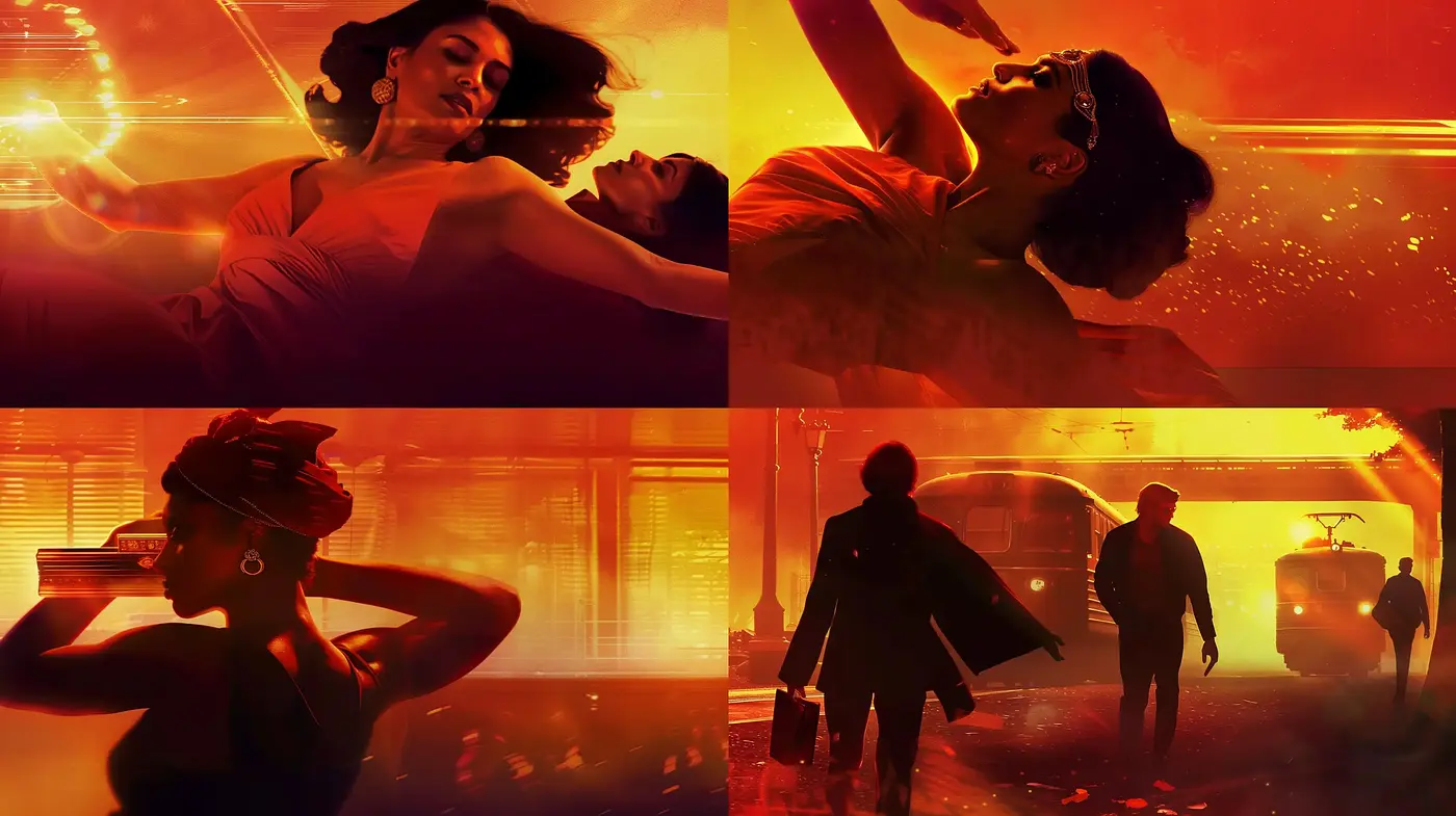 Cinematic Tapestry of Warm Tones and Dynamic Silhouettes - Midjourney sref style