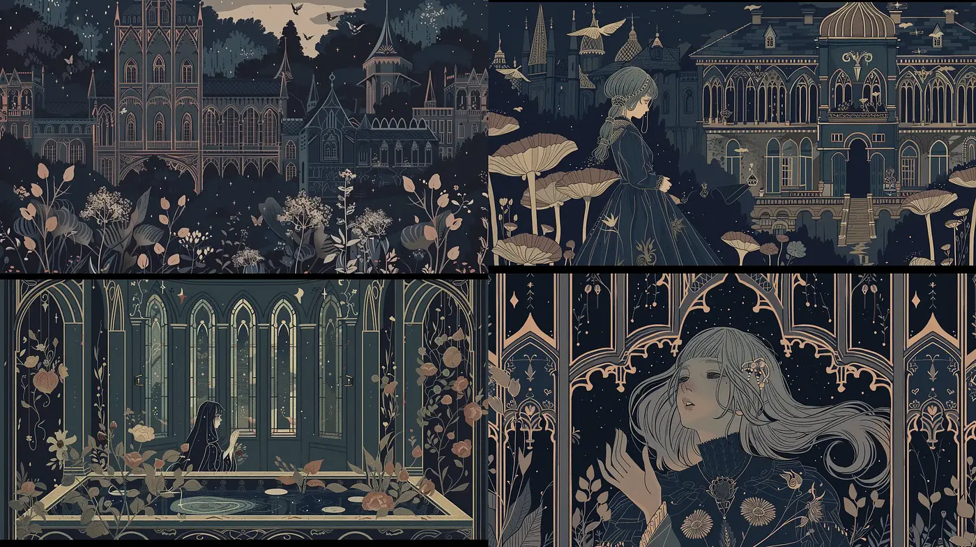 Gothic Elegance with Art Nouveau Overtones in a Twilight Color Scheme - Midjourney sref style