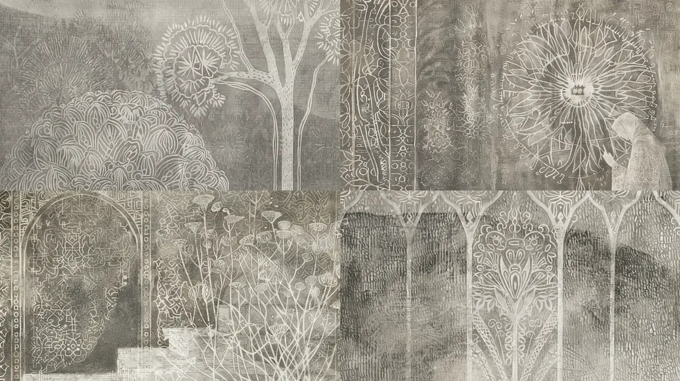 Textured and intricate monochromatic artwork with organic motifs - Midjourney sref style