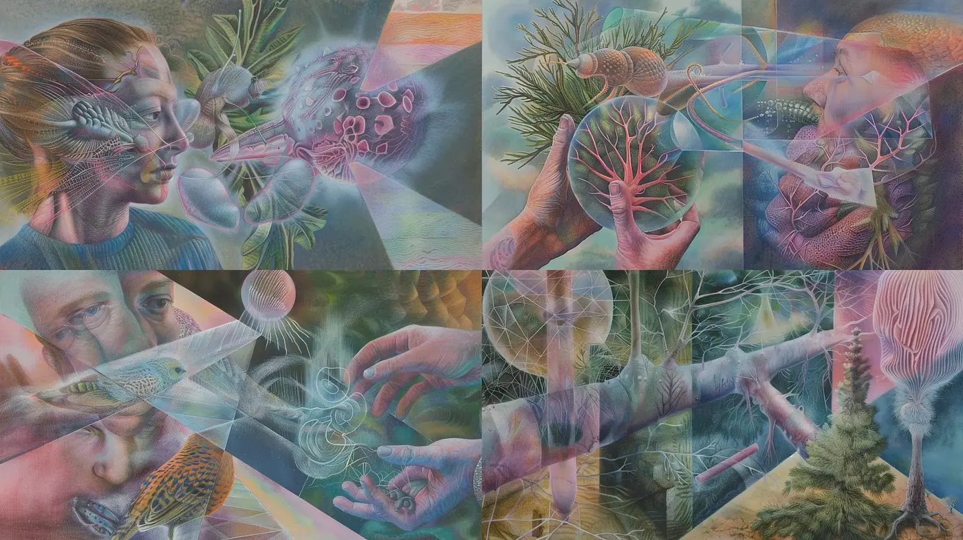 Ethereal Surrealist Fusion with Translucent Overlays - Midjourney sref style