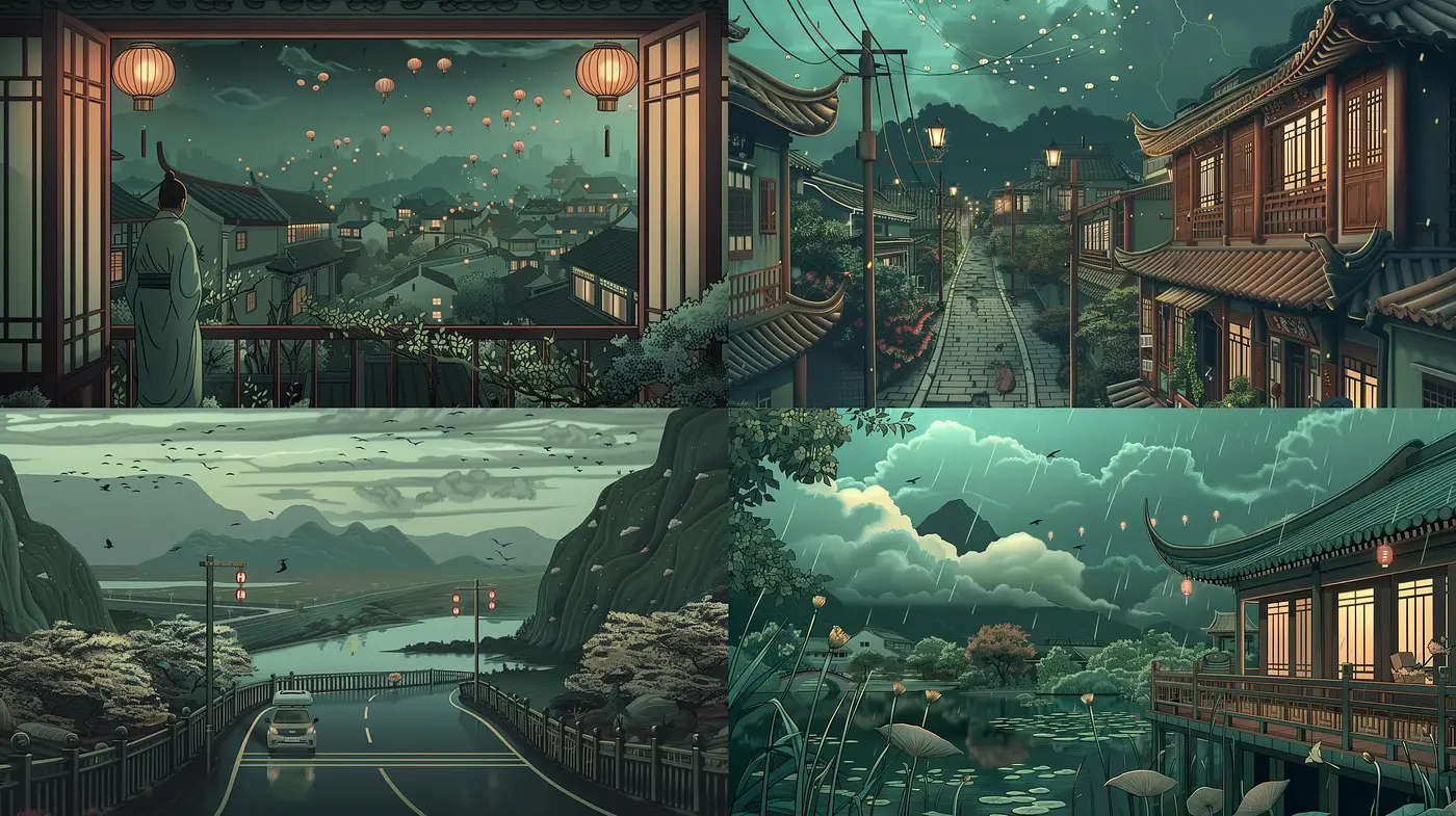 Tranquil Dusk to Night: An Evocative Journey Through Stylized Asian Landscapes - Midjourney sref style