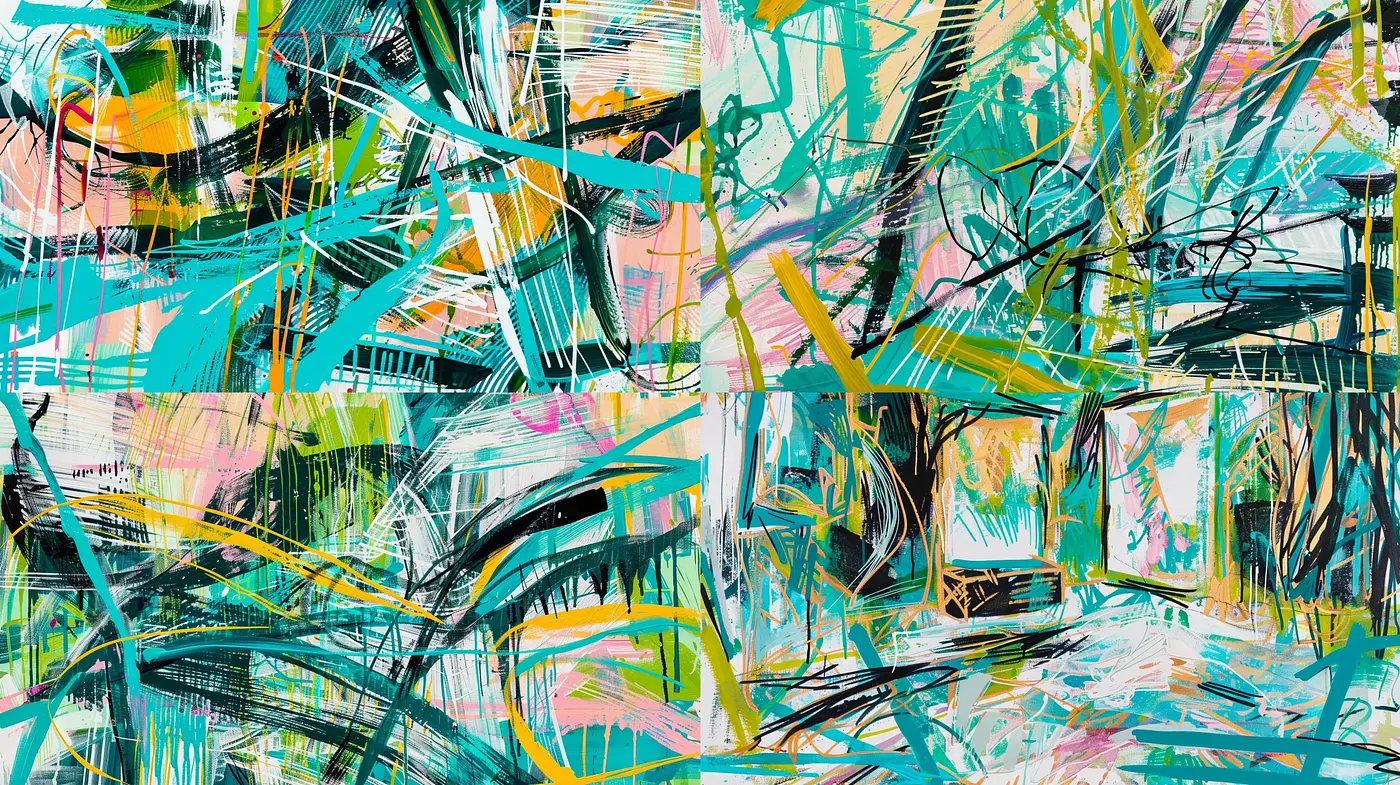 Abstract Expressionist Swirls of Turquoise and Coral Energy - Midjourney sref style