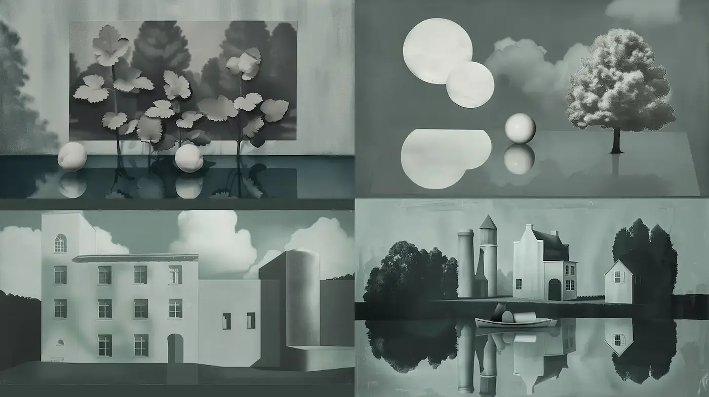 Stylized monochrome compositions with whimsical elements - Midjourney sref style
