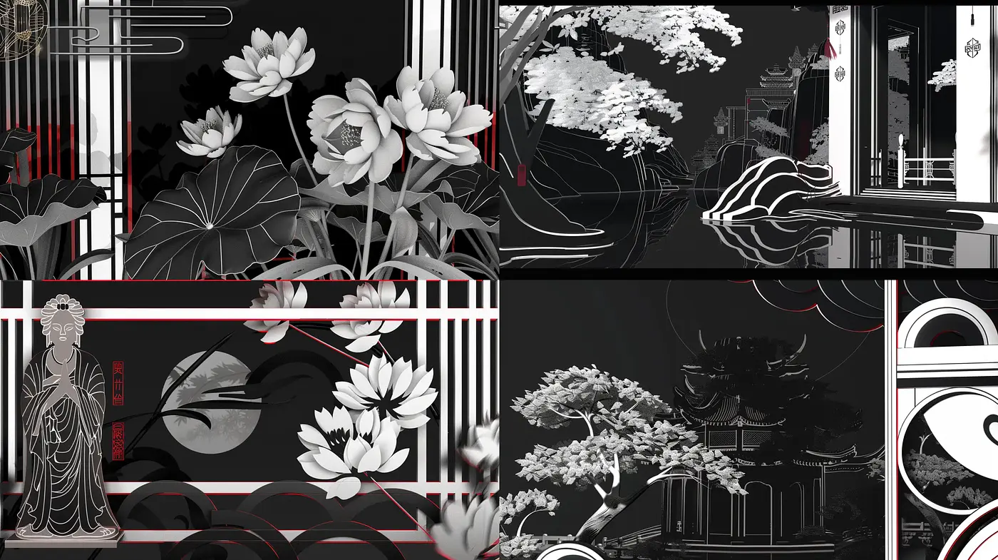 Monochromatic Elegance: An Exploration of Stylized Oriental Scenes - Midjourney sref style