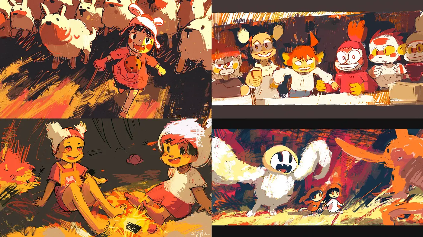 Warm-Toned Dynamic Brushwork Vignettes - Midjourney sref style