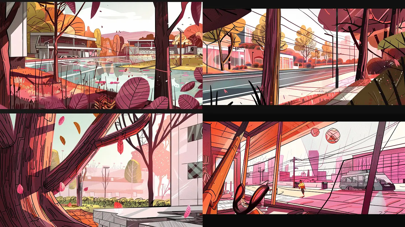 Autumn Hues in Stylized Urban Dreamscape - Midjourney sref style