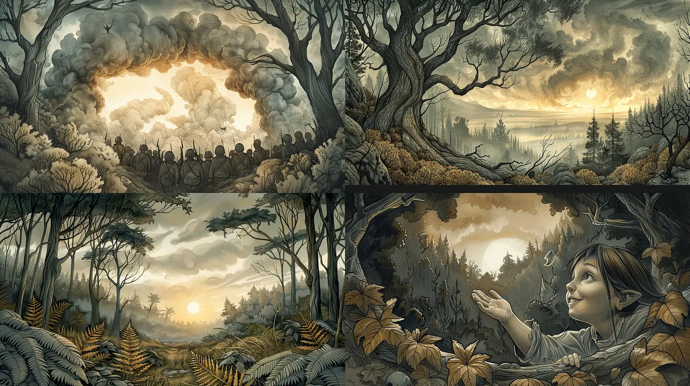 Ethereal Twilight Tones in Stylized Nature Vignettes - Midjourney sref style