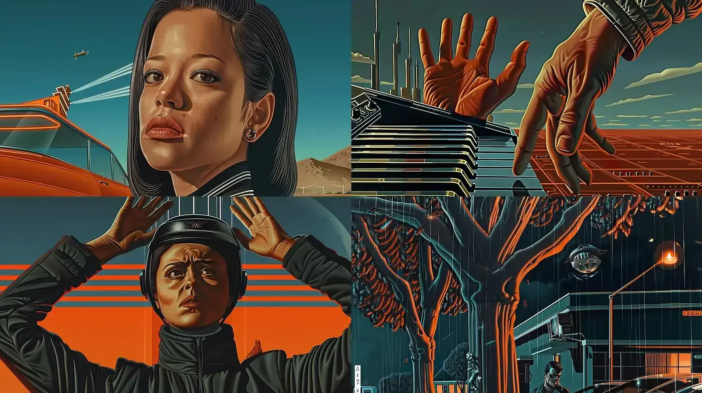 Cinematic Retro Futurism with a Mysterious Edge - Midjourney sref style