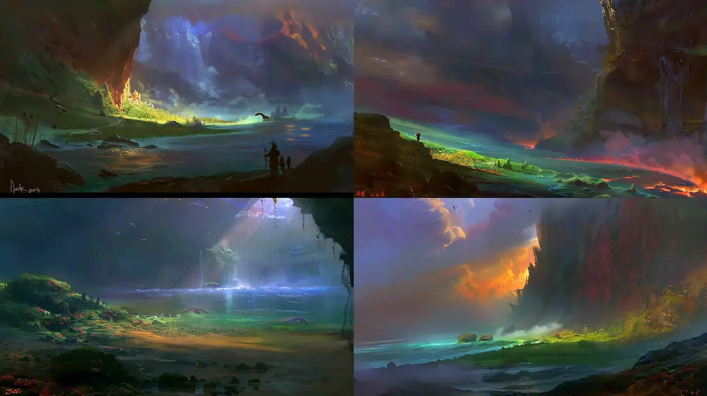 Surreal Landscapes Evoking Mystical Worlds with Vibrant Lighting - Midjourney sref style