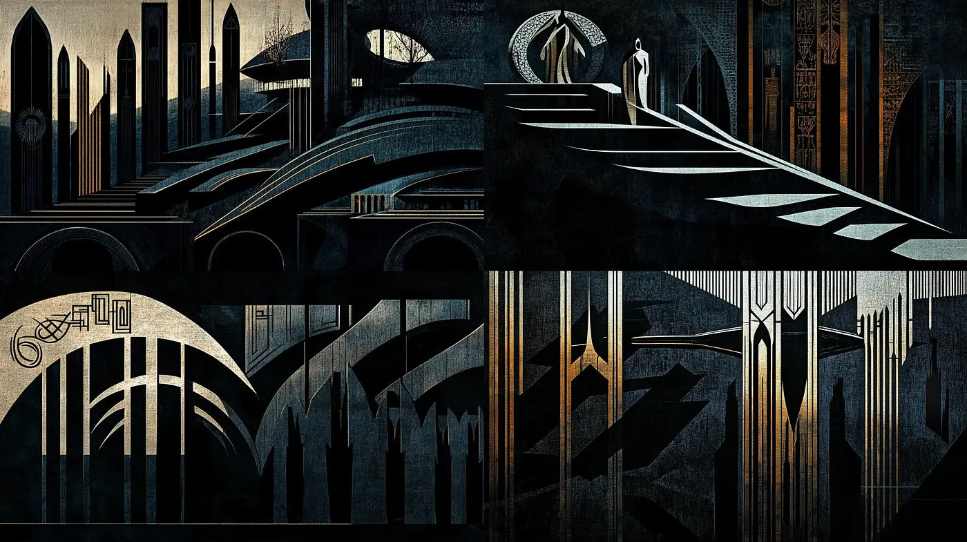 Deco-Dystopian Dreamscape: A Study in Monochrome Geometric Artistry - Midjourney sref style